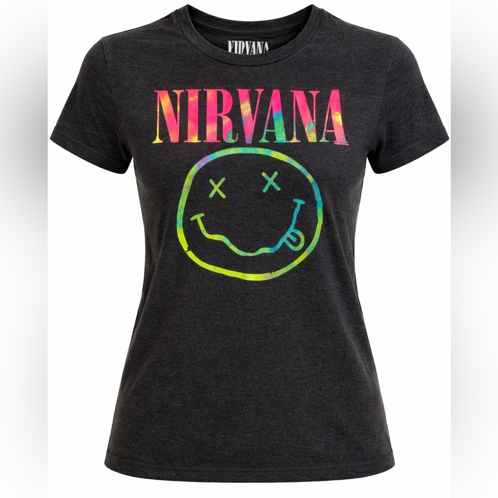 Nirvana Multicolor Smiley Face Logo Graphic Band Tee Black XS